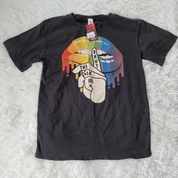 Rainbow STFU lips shirt, size small, by GenX. Unique, edgy, streetwear. - Picture 2 of 4